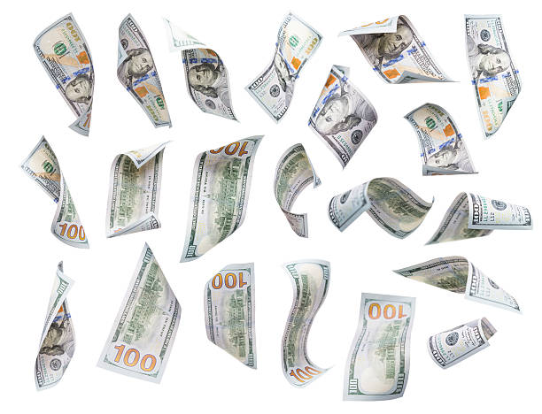 zestaw spadające lub ruchomy banknoty 100-dolarowe każde puste - abundance us currency making money large group of objects zdjęcia i obrazy z banku zdjęć