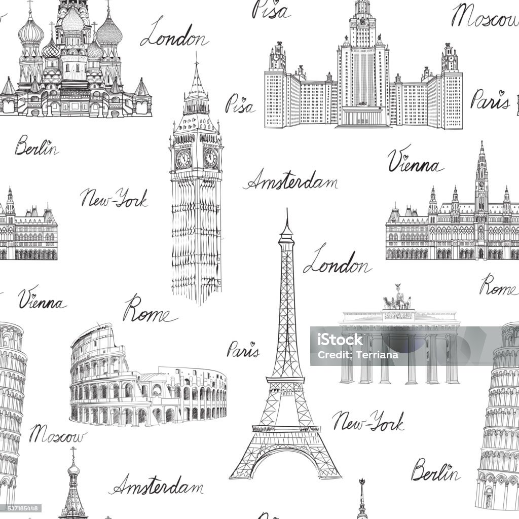 Travel wold landmarks seamless doodle pattern. Europe famous places sketch Travel seamless pattern. Vacation in Europe wallpaper. Travel to visit famous places of Europe background. Landmark tiled grunge pattern. Famous Place stock vector