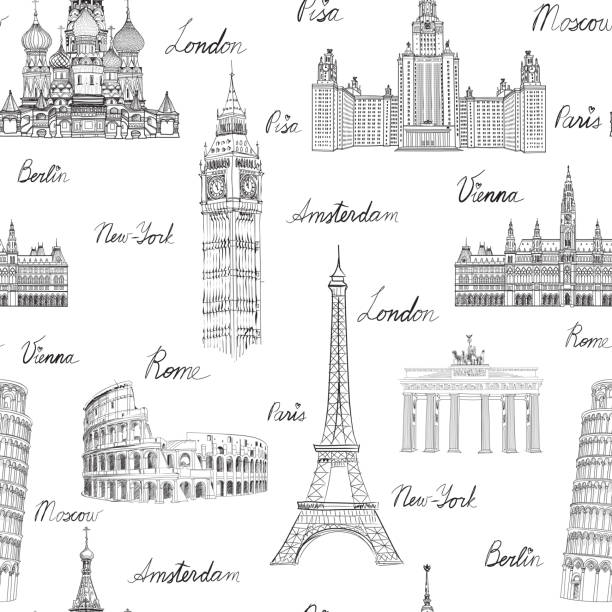 Travel wold landmarks seamless doodle pattern. Europe famous places sketch Travel seamless pattern. Vacation in Europe wallpaper. Travel to visit famous places of Europe background. Landmark tiled grunge pattern. eiffel tower paris illustrations stock illustrations