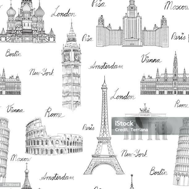 Travel Wold Landmarks Seamless Doodle Pattern Europe Famous Places Sketch Stock Illustration - Download Image Now