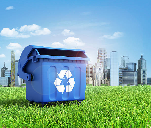 istock Green plastic trash recycling container ecology concept, with landscape background. 537186587