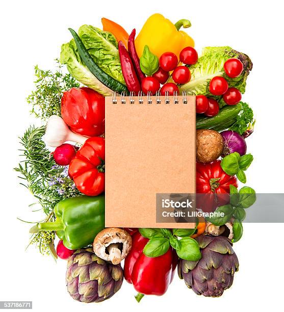 Recipe Book With Fresh Vegetables And Herbs Healthy Food Ingred Stock Photo - Download Image Now