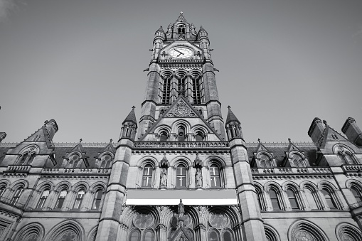 Manchester City Hall in North West England (UK). Black and white tone - retro monochrome color style.