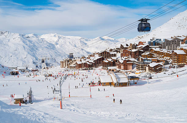 Val Thorens Aerial view of Val Thorens, trois vallees complex, France chalet stock pictures, royalty-free photos & images