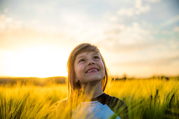 Little girl in a wheatfield Cute little girl standing in a wheatfield in a beautiful sunset. girl sky stock pictures, royalty-free photos & images