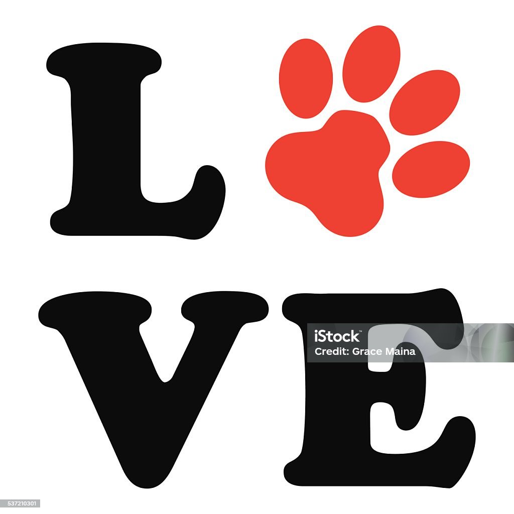 Animal Paw Print Icon - VECTOR Vector illustration of animal paw with the word love. The text is black and the paw is in red color to signify love. Paw Print stock vector