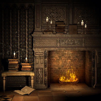 Fantasy vintage room with a fireplace and books