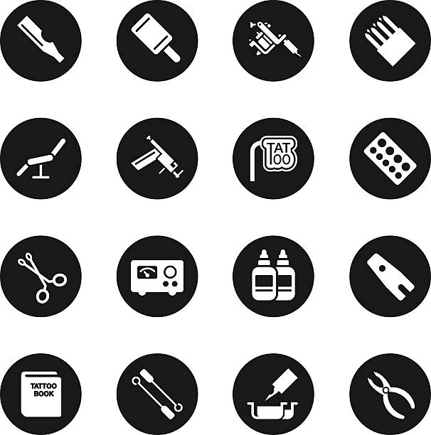 ikon toko tato - seri lingkaran hitam - mesin tato ilustrasi stok