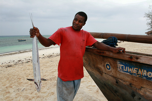 Zanzibar, Tanzania - February 20, 2008: The dark-skinned African fisherman, a local resident of the island Zanzibar, stands near wooden fishing boat, holding them by tail caught fish, king mackerel.