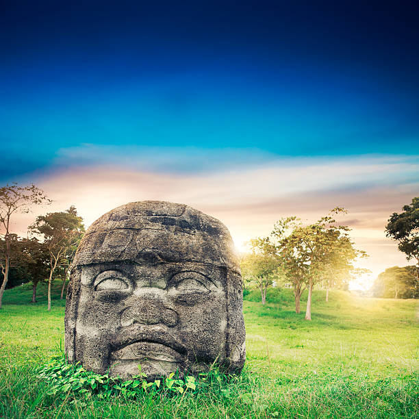 Olmec colossal head in the city of La Venta, Tabasco stock photo