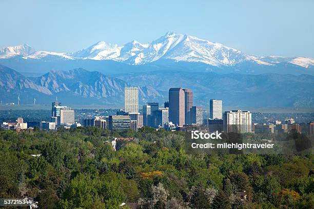 Denver Colorado Skyscrapers Snowy Longs Peak Rocky Mountains Summer Stock Photo - Download Image Now