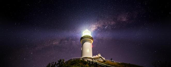 Long exposure night photograph of the Byron Bay Lighthouse with the milky way above. The lighthouse is illuminated by the faint light from a half moon. ISO 3200, f/3.5, 15 seconds. Noise reduction has been applied but there is still visible grain.