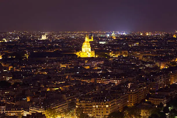 View from the Eiffeltower. Hotel des Invalides at night. Long exposure