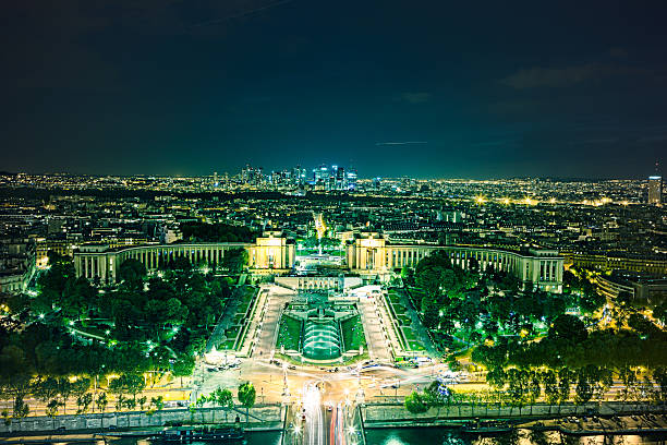 Trocadero with the Palais de Chaillot seen from the Eiffel Tower in Paris,France.Long exposure, light trails from cars