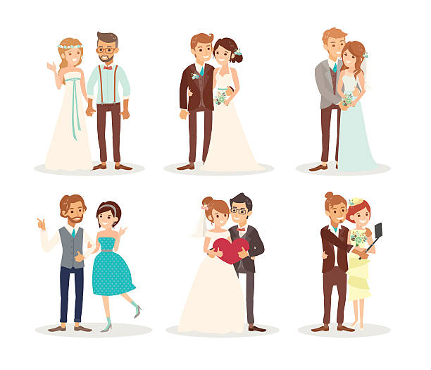 ilustraciones, imágenes clip art, dibujos animados e iconos de stock de lindo pareja de boda novia y novio de historieta - men groom wedding red