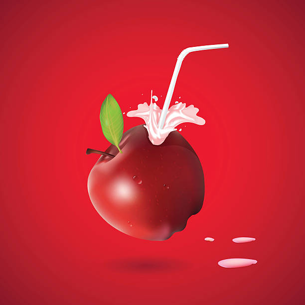 illustrazioni stock, clip art, cartoni animati e icone di tendenza di fresco succo di mela con una mela con un cappello di paglia - apple close up creativity drinking straw