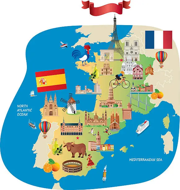 Vector illustration of France Spain Cartoon maps