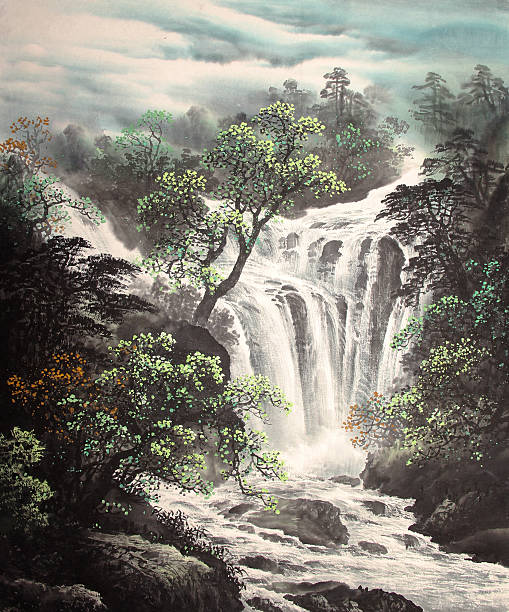 Chinese traditional painting waterfall vector art illustration