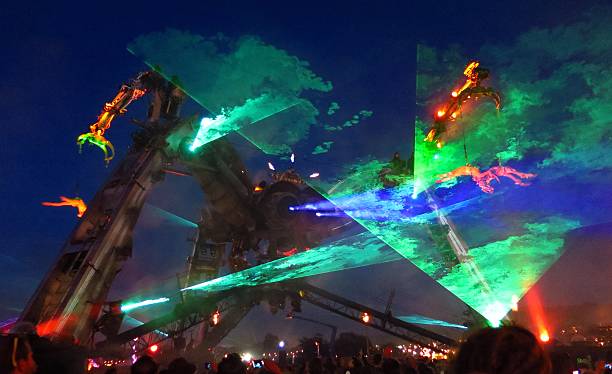 Glastonbury Festival Arcadia Stage monster lasers smoke at night stock photo