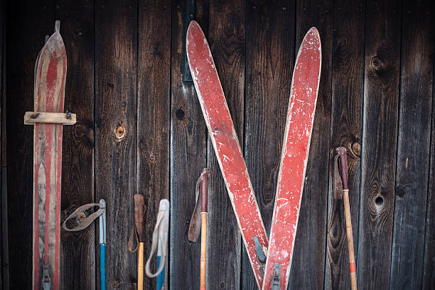 The tips of two cross country skis or Nordic skis, in the snow, Barrie, Ontario, Canada