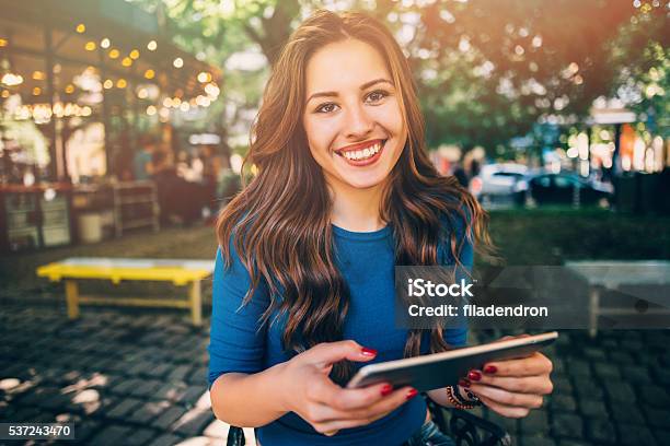 Young Lady At The Cafe Stock Photo - Download Image Now - Laughing, Only Women, Women