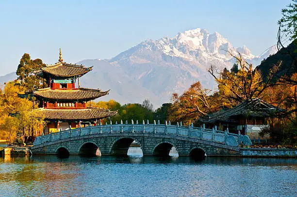 Lijiang old town scene-Black Dragon Pool Park. In the there, you can see Jade Dragon Snow Mountain.