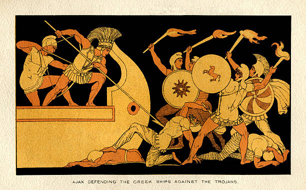 ilustraciones, imágenes clip art, dibujos animados e iconos de stock de ajax defensa de los barcos griegos contra el trojans - mitologia griega