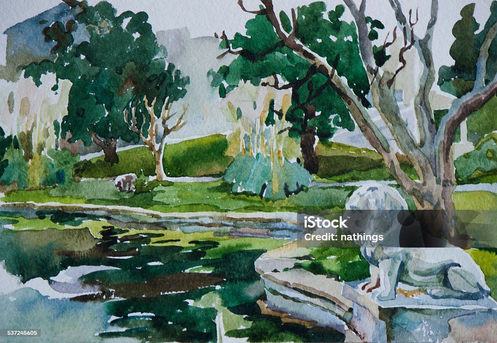 Classical park with pond and lion watercolor art Classical park with pond and lion sculpture in Beshiktash district, Istanbul, original watercolor art 2015 stock illustration