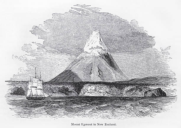 vintage berg egmont/berg taranaki-gravur - dormant volcano illustrations stock-grafiken, -clipart, -cartoons und -symbole