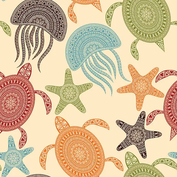 Vector illustration of Vector Seamless Pattern with Turtles, Starfishes, and Jellyfishes