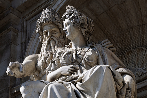 Danubius fountain (also called Albrecht fountain) in Vienna, Austria with allegorical figures of the river god Danubius and Vindobona, detail. The fountain, unveiled in 1869, symbolizes the relationship between the river Danube and the city of Vienna.