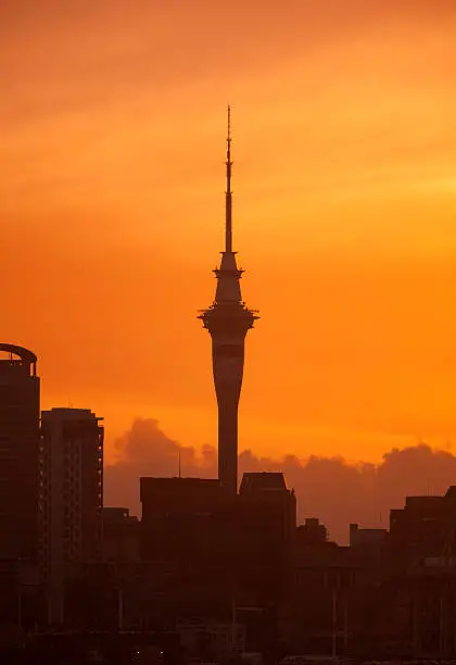 The Auckland Skytower with city silhouette at sunset.