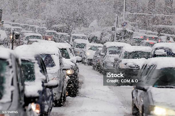 Traffic Jam Caused By Heavy Snowfall Stock Photo - Download Image Now - Blizzard, Snow, Winter