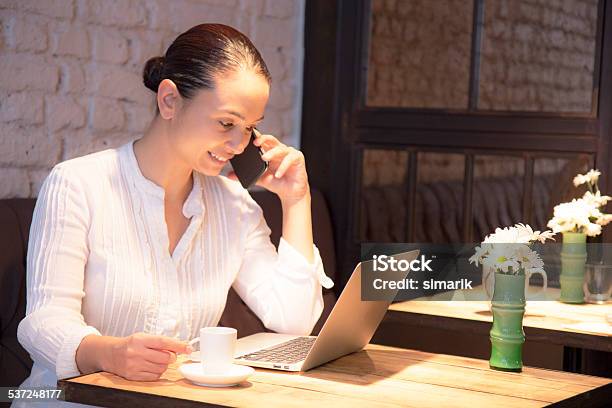 Woman With Laptop In Cafe Stock Photo - Download Image Now - 2015, 30-39 Years, Adult