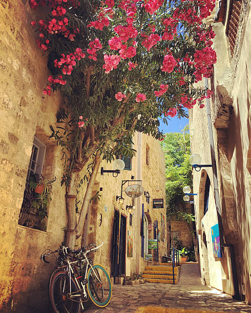 Tel Aviv, Israel  - May 8, 2016: Old Jaffa streets, Tel Aviv, Israel. Few Art Galleries and bicycle parked near the entrance, nobody.