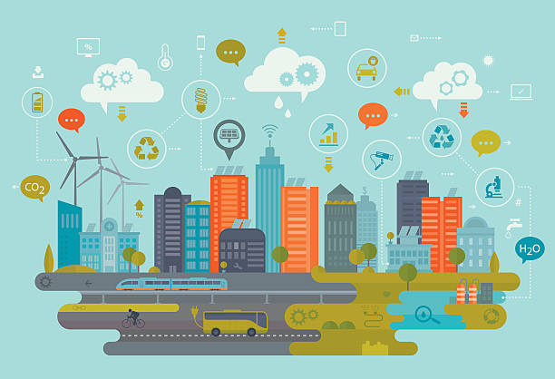 зеленый город и технологией умный - плоский иллюстрации stock illustrations