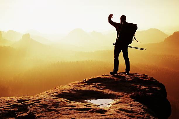 istock Tourist with backpack and poles in hand shadowing eyes. 537254604