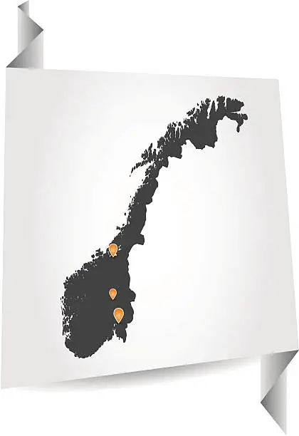 Vector illustration of Norway map on white paper background with markers