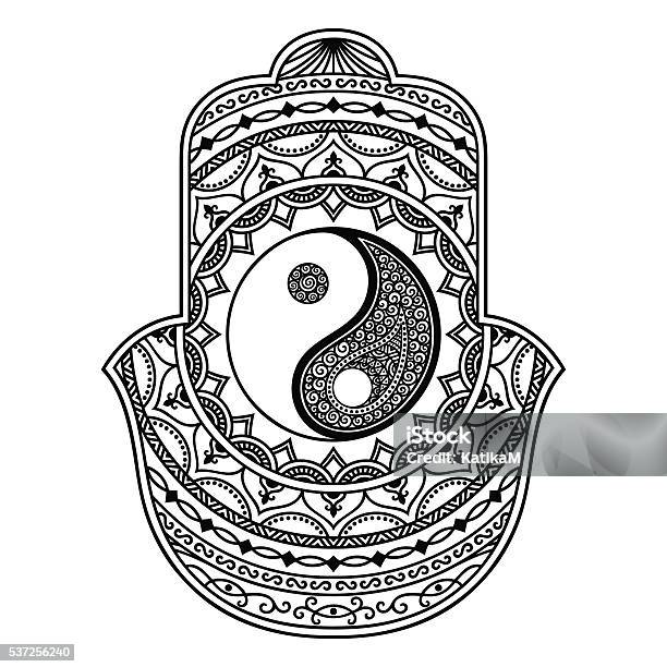 Vector Hamsa Hand Drawn Symbol Yinyang Decorative Symbol Stock Illustration - Download Image Now