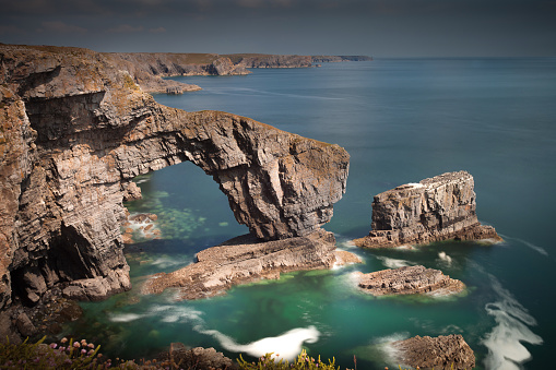 The Green Bridge of Wales, one of the UK's sea arches, one of the most spectacular sites on the Pembrokeshire Coast near Castle Martin.