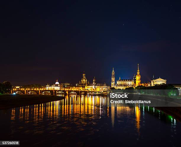 Dresden Skyline At Night With Theaterkirche Frauenkirche Hausmannsturm And Semperoper Stock Photo - Download Image Now