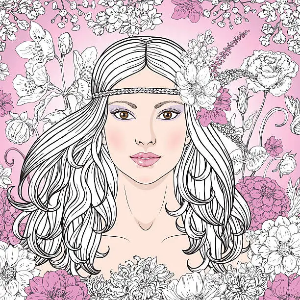 Vector illustration of Girl with flowers contoured image.