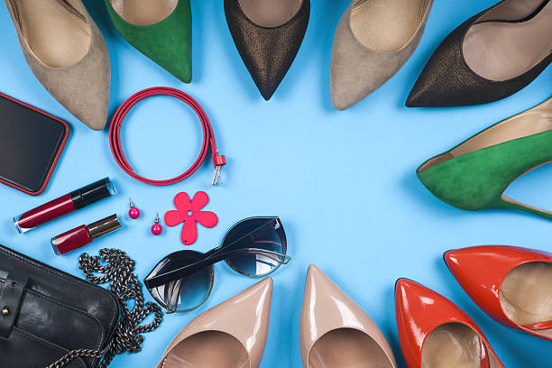istock Women clothing set and accessories on light  background. 537264872