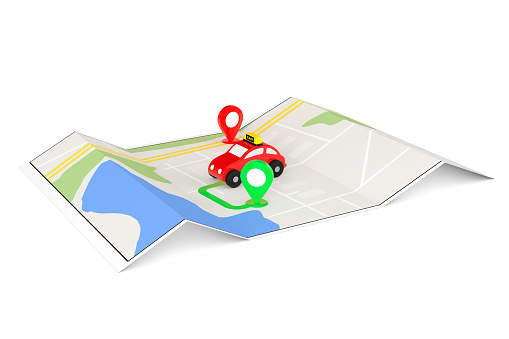Taxi Order Concept. Toy Taxi from above of Abstract Navigation Map with Target Pins extreme closeup. 3d Rendering