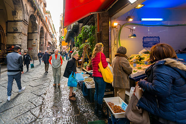 Naples, Italy, May 2021 – Fish stall at Pignasecca market in Naples historic center