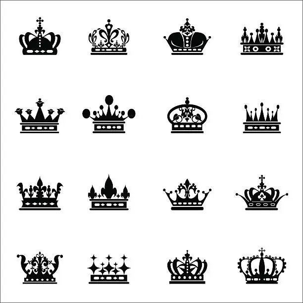 Vector illustration of Crown set icons black on white. Vector image