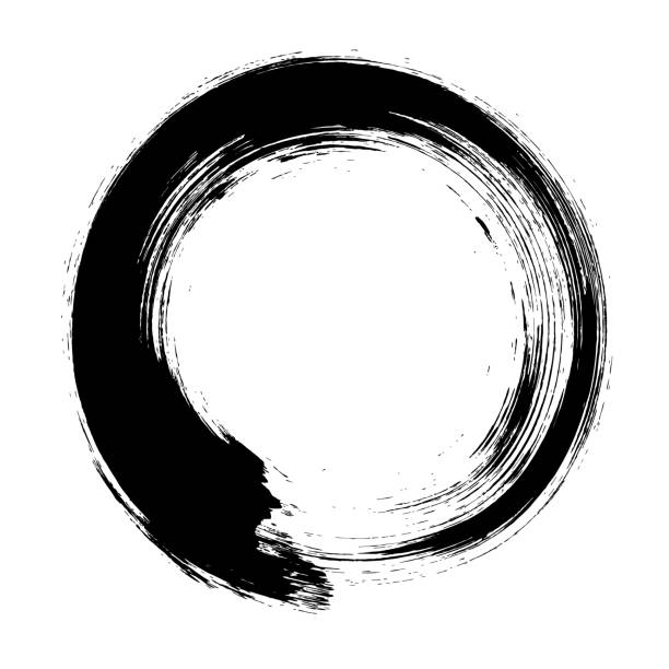 Enso – Circular brush stroke (Japanese zen circle calligraphy n°8) Ensō character in black and white, a circular brushstroke used in Japanese calligraphy and Zen meditation. It represents the state of mind at the moment of creation and symbolizes absolute enlightenment, strength, elegance, the universe, and the void. Comparable to the Taoist sign of yin and yang. japanese language stock illustrations