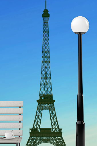 Romantic Concept. Eiffel Tower, Bench and Street Lamp extreme closeup. 3d Rendering