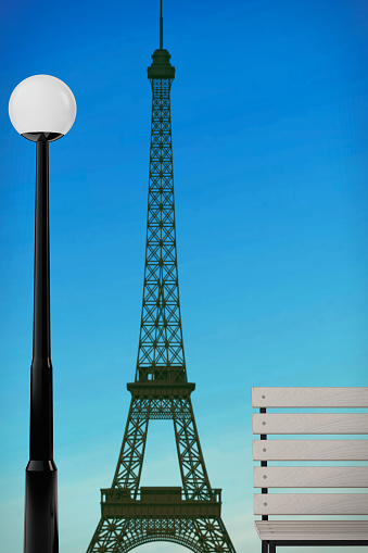Romantic Concept. Eiffel Tower, Bench and Street Lamp extreme closeup. 3d Rendering