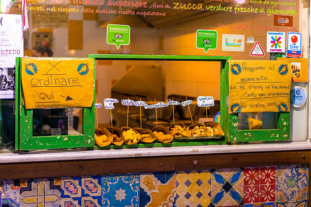 Naples, Italy - February 27, 2016: Several street food on display at Il Cuoppo, a restaurant in Naples, Italy.